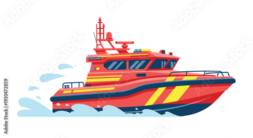 A vibrant red rescue boat speeds through the water creating splashes