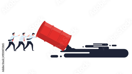 Three professional workers pushing a large red barrel that is spilling black oil on the ground representing energy industry labor.