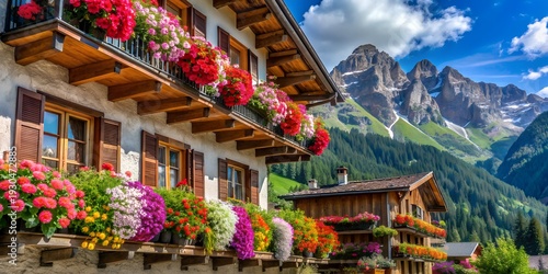 Traditional flowered balcony at the Alps and Dolomites. Colorful flowers on balcony. Summer time. Mix of flowers and colors. General contest of the European Alps