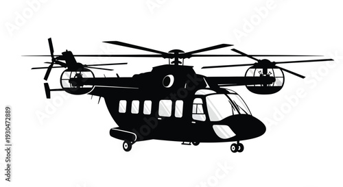 Black silhouette of a twin rotor helicopter against a white background