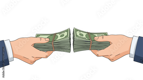 Close up of two business hands in suits exchanging large bundles of green banknotes representing a financial transaction or deal.