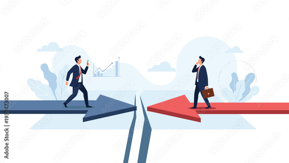 Fototapeta premium Two businessmen walking away from each other on a red and a blue arrow that are separated by a deep crack in the ground surface.