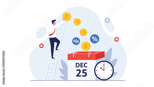 Businessman on a ladder putting gold coins into a large red calendar box marked December 25th for holiday savings and budgeting.