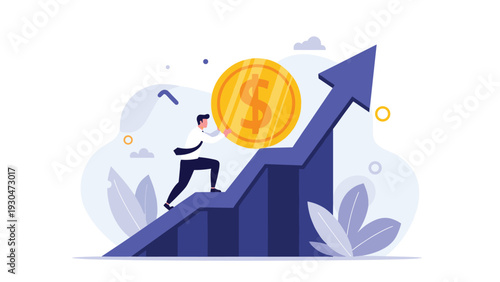 Motivated businessman pushing a huge gold dollar coin up an ascending blue bar graph representing hard work for financial profit.