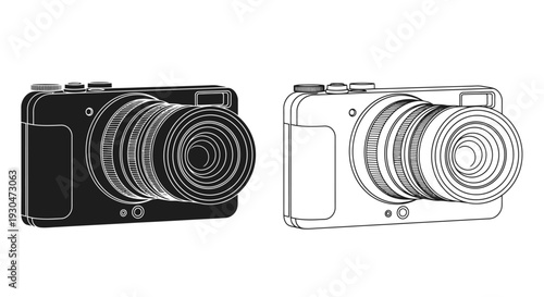 Two digital cameras in outline one black and one white