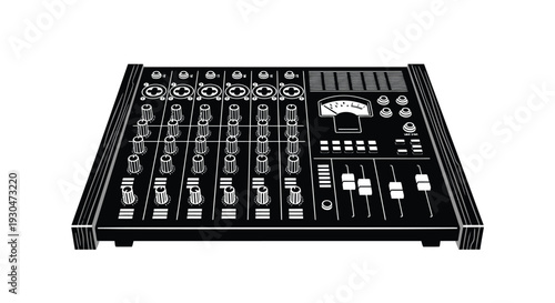 A detailed illustration of a professional audio mixing console front view