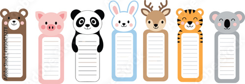 Cute animal bookmark set with bear pig panda rabbit deer tiger koala cartoon vector illustration for kids education stationery isolated background