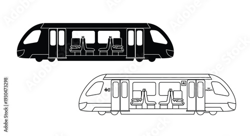 Black and white illustration of a modern high speed train carriage design