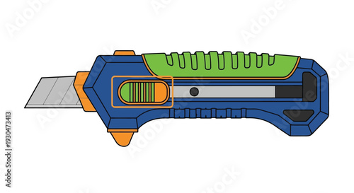 Cartoon illustration of a retractable utility knife with a blue and green handle