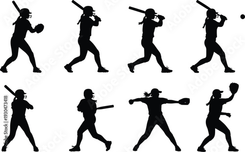 Female softball player silhouette set vector illustration batting throwing catching action poses isolated on white background sports collection design