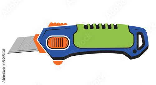 A colorful illustration of a utility knife with a retractable blade