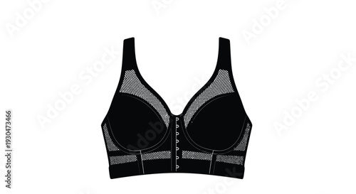 Black wireless bra illustration with mesh detailing and front closure