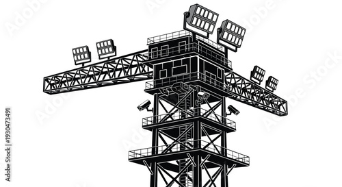 Black and white illustration of a tall stadium light tower structure