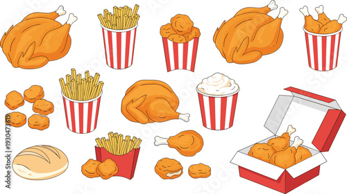 Fried chicken fast food set vector illustration crispy drumsticks nuggets fries and takeaway box isolated on white background collection