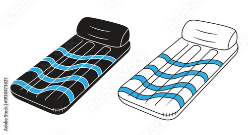 Two inflatable pool loungers one black one white with blue accents