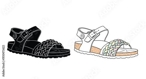 Birkenstock style sandals in black and white with woven strap details