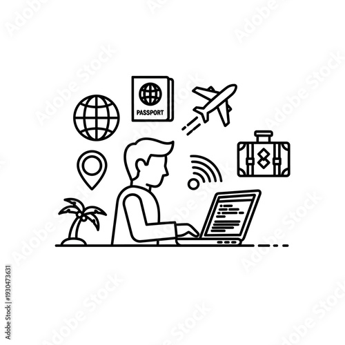 Man Working on Laptop with Travel Icons.