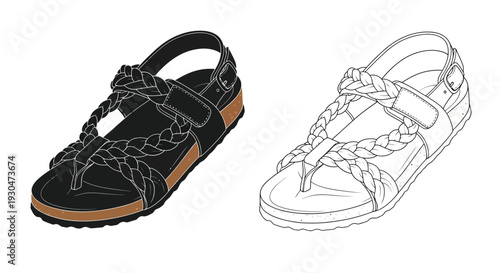 A pair of sandals one in color one in black and white line art