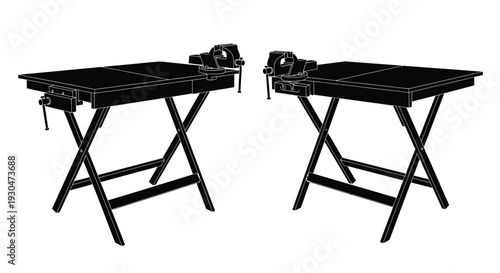 Two black workbenches with vises viewed from slightly above