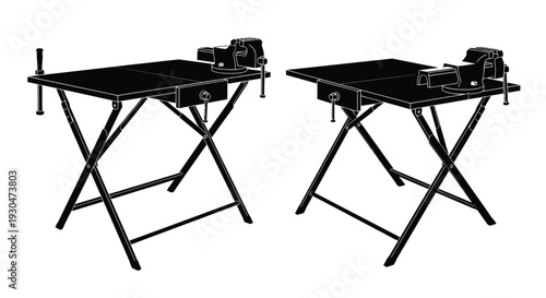 Two views of a black workbench with a mounted vise isolated on white