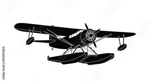 Black and white silhouette of a vintage biplane with floats