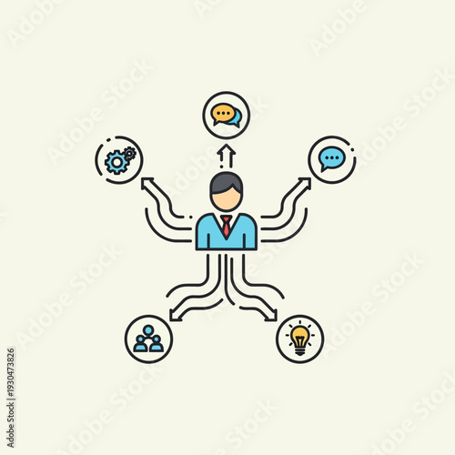 Multitasking Businessman with Various Task Icons.