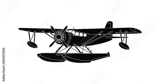 A black and white silhouette of a floatplane with visible design details