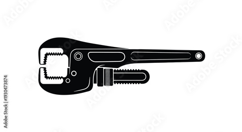 A stylized black silhouette of a pipe wrench on a white background