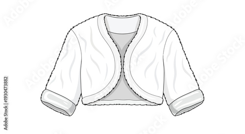 A detailed flat sketch of a white faux fur bolero jacket