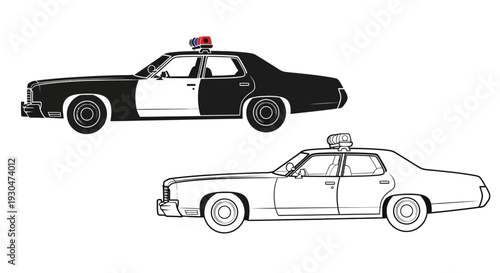 Stylized depiction of a classic american police car in two variations