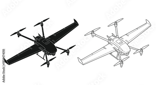 Two drone illustrations a black solid version and a white line drawing