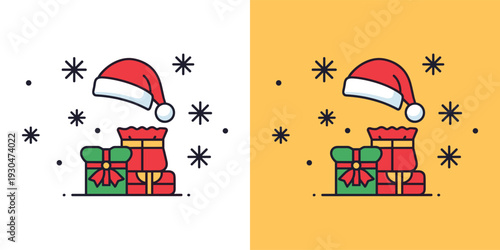 Festive Holiday Season Presents Stacked with Santa Hat and Falling Snowflakes Illustration on Dual Backgrounds