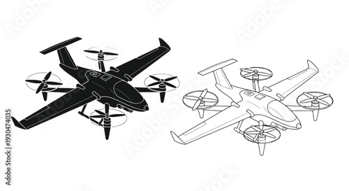 Black and white line art of two futuristic vertical takeoff and landing vehicles