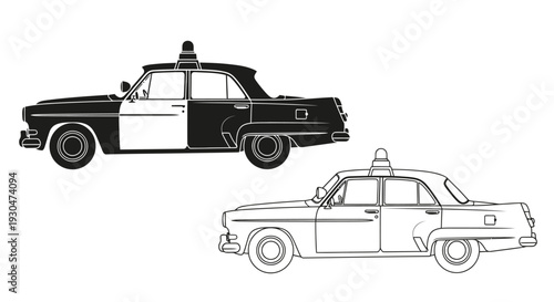 Classic police car illustration in black and white showing side profiles