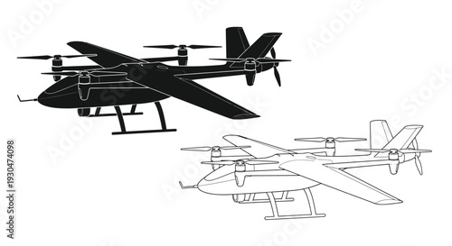 Black and white illustration of a futuristic vertical takeoff and landing aircraft