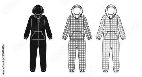 Three hooded jumpsuits solid plaid and checkered variations displayed