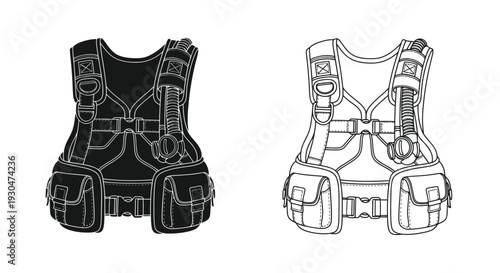 Two illustrations of a black and white safety vest with pouches