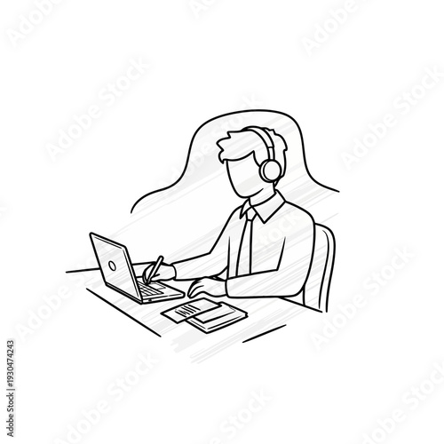 Man Working on Laptop with Headphones.