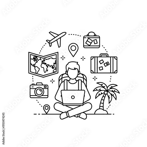 Traveler with Laptop and Travel Icons.