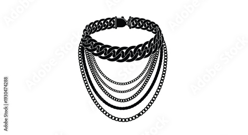 Black and white illustration of layered chunky chain necklaces stacked together