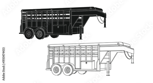 Detailed illustration of two horse trailers in black and white line art