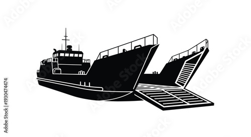 Black and white illustration of a landing craft with a lowered ramp