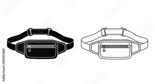 Black and white illustration of two identical waist bags or fanny packs