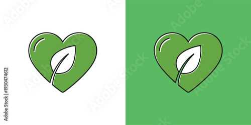 Stylized green heart with an integrated leaf, depicting environmental awareness, organic growth, and a love for a healthy planet