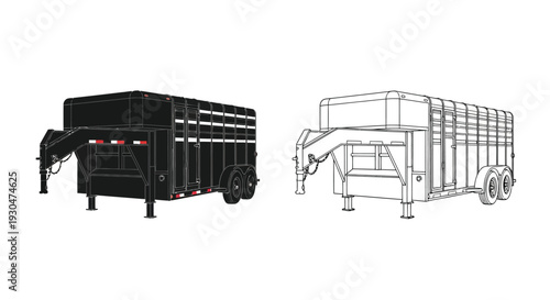 Two horse trailers one black one white shown in detailed outline views