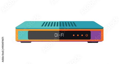Colorful set top box illustration with digital display and indicator lights