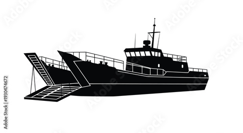 Black silhouette of a landing craft vessel on a white background