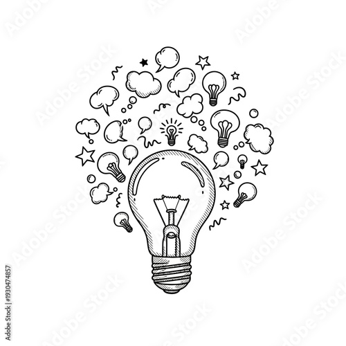 Light Bulb with Ideas and Creativity Symbols.