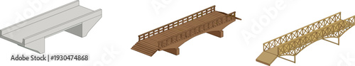 Isometric bridge types vector illustration set showing concrete wooden and steel bridges for construction engineering transport and architecture design projects