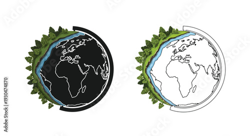 Two stylized earth illustrations one black one white with green foliage